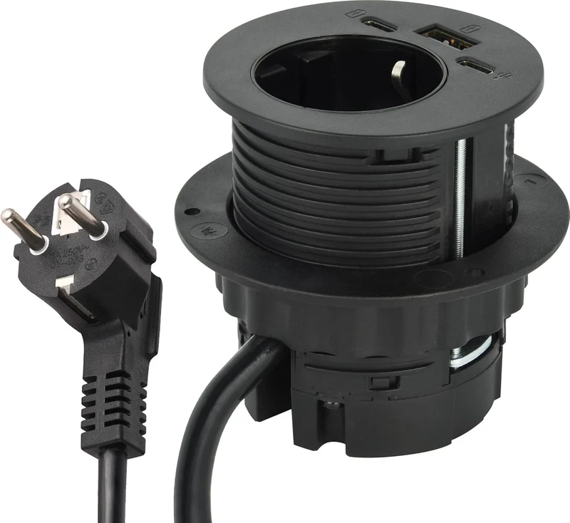 Multipresa Scrivania/Presa da Incasso Grommet da Tavolo con Power Delivery 25W 2 USB (1 di tipo C+ 1 di tipo A) + 1 HUB USB-C 2M, D60mm, 1 Presa Schuko + Spina Schuko