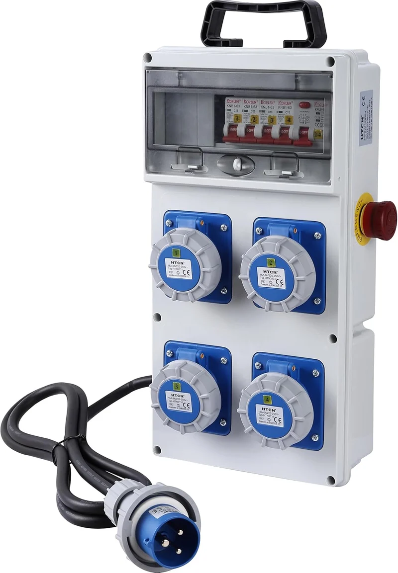 Quadro Elettrico di Distribuzione 4 Prese CEE 2P+T IP67, Spina CEE 2P+T, Cavo 1.7M H07RN-F 3G2.5, con interruttore differenziale RCD 30ma + 4 Interruttori magnetotermici MCB