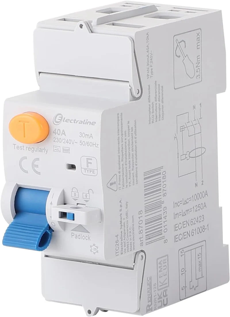 Interruttore differenziale, 40A, sensibilità 30mA Monofase, tipo F (ideale per apparecchiature elettroniche e inverter)