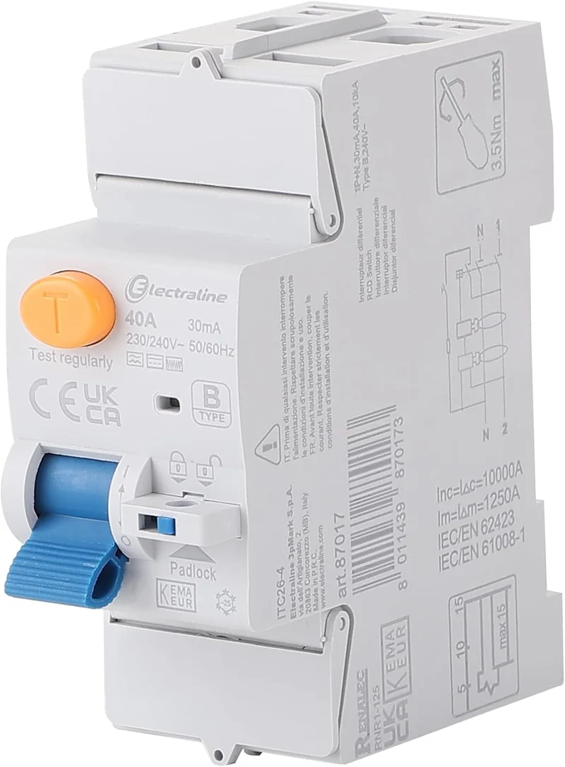 Interruttore differenziale, 40A, sensibilità 30mA Monofase, tipo B (adatto per impianti fotovoltaici, colonnine di ricarica EV, e convertitori di potenza)