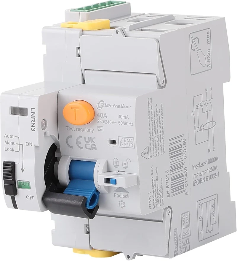 Interruttore differenziale, 40A, 1P+N, 30mA 2 mod. type A, riarmo automatico, Grigio