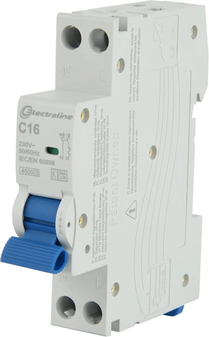 Interruttore Magnetotermico 2A/16A/16A/20A/25A/32A, curva C (protezione ottimale contro sovracorrenti e cortocircuiti), 1P+N, 4,5kA, 240V, certificati CE, KEMA-KEUR, e UKCA