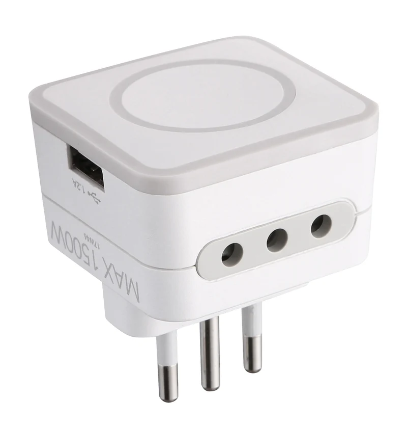Adattatore Triplo 2 Prese 10A e 1 USB Output 1.2A Spina Piccola 10A, Grigio/ Verde/ Blu