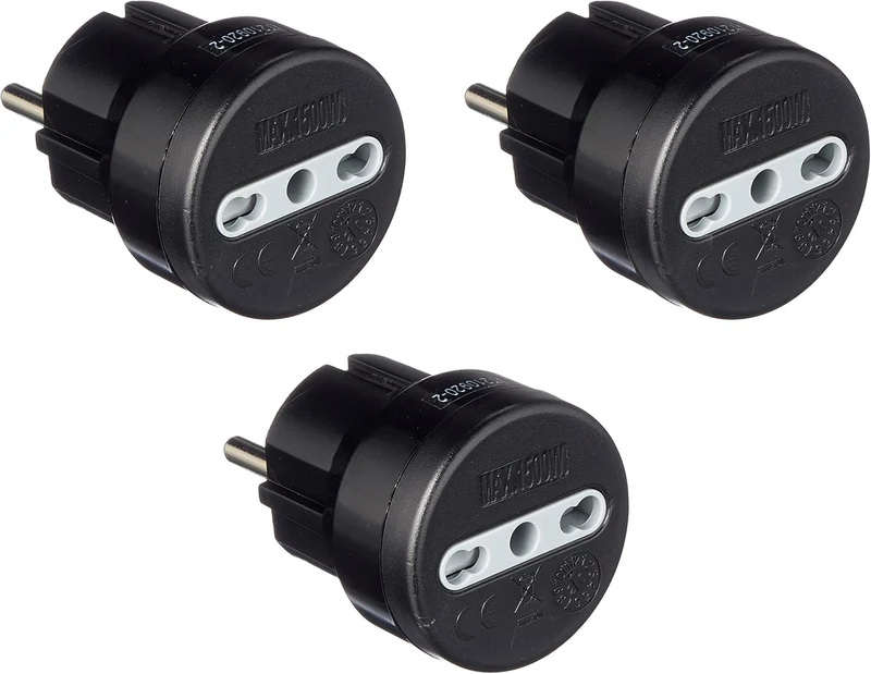 Adattatore Presa 10/16 A, Spina Schuko Adattato per i Viaggi in Germania, Spagna, Portogallo, Austria, Grecia, Turchia, Nero, Confezione da 3