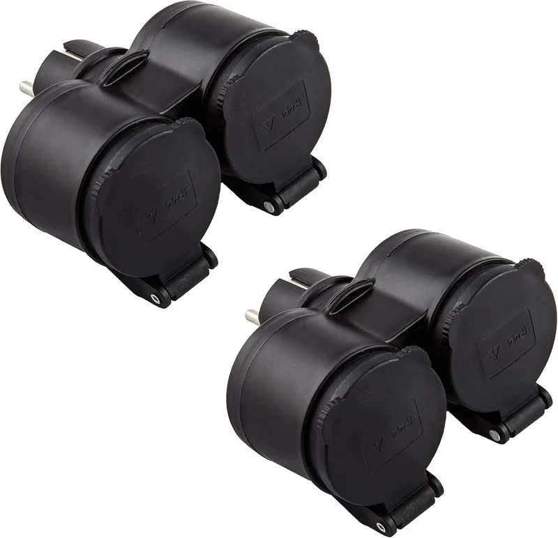 Confezione da 2 Adattatori da Esterno 2 prese Schuko, Resistente all'acqua IP44, Spina tedesca, Multipresa 2 posti schuko con tappo, Nero