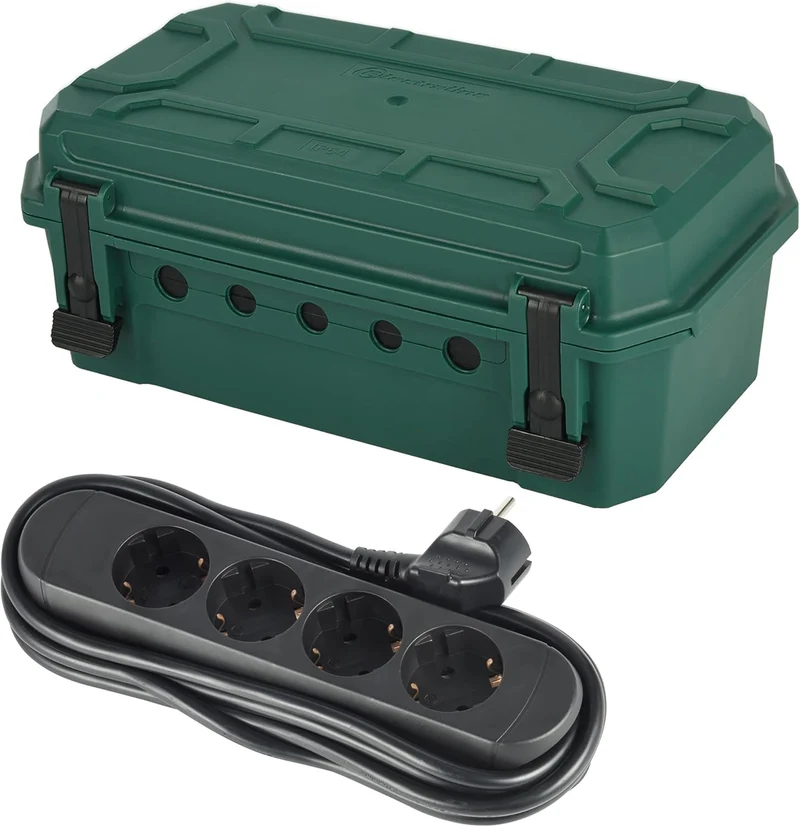 Scatola di Protezione Stagna IP54 con inclusa Multipresa 4 Posti Cavo 3m, Scatola Organizzatore Cavi 5 uscite per cavi (da 7,5 mm a 12,4 mm), Dimensioni 320x180x126 mm