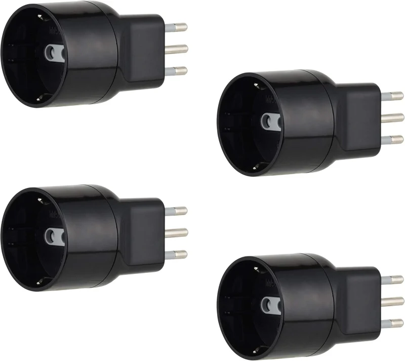 Set di 4 Adattatori Speciali Disassata Salvaspazio da Schuko a Spina Piccola Italiana 10A, Nero/Bianco, Confezione da 4