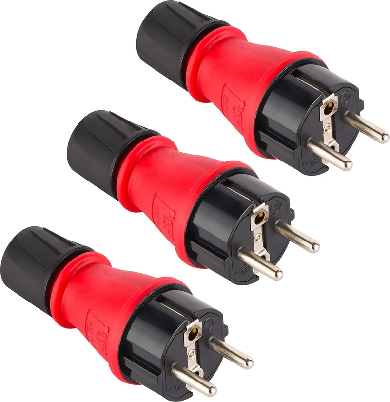 Confezione da 3 Spine Professionali Schuko, Protezione IP54, con Ghiera di Bloccaggio Cavo per Facilitare il Cablaggio, Rosso