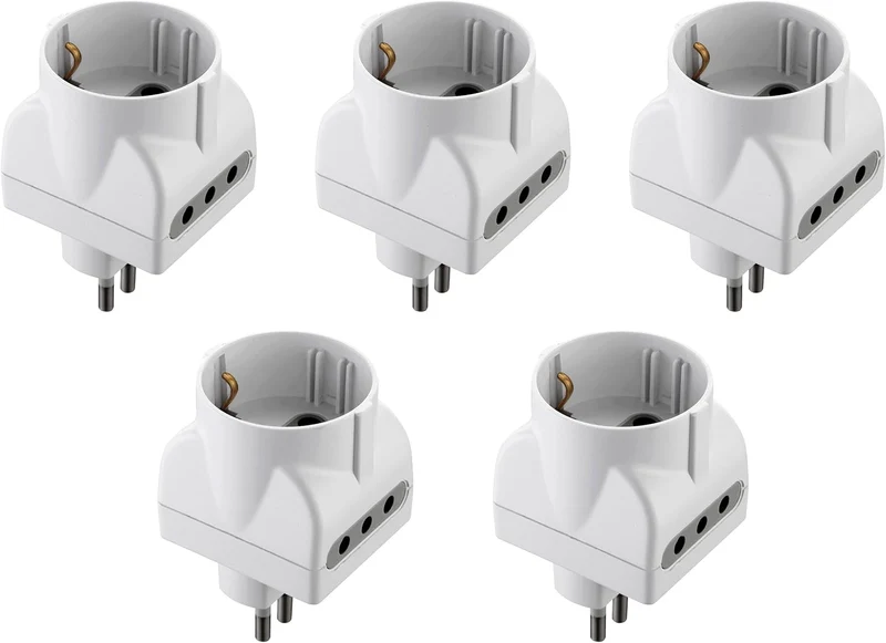 Set 5 Adattatori 3 Posti 1 Schuko + 2 10A, Bianco, Confezione da 5